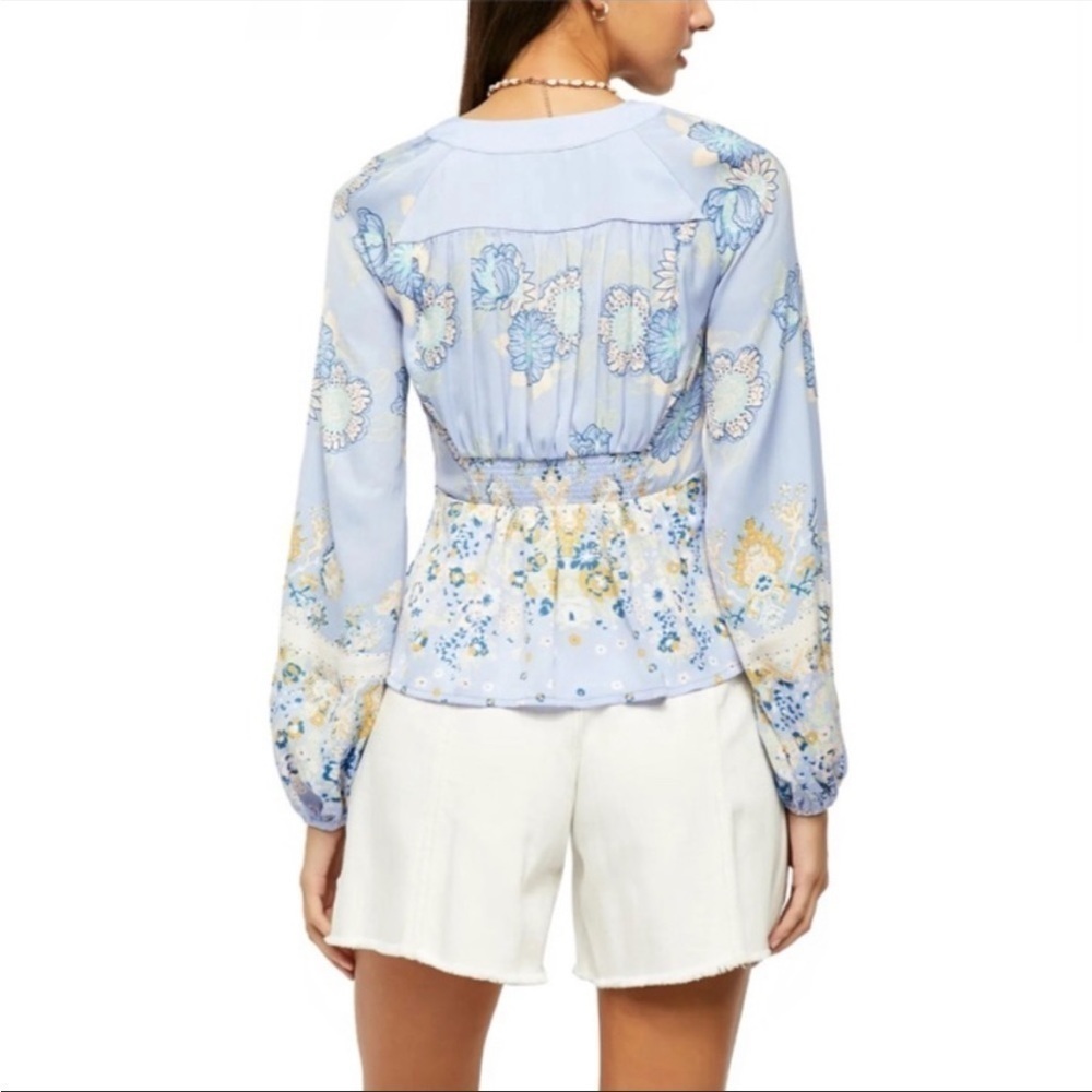 FREE PEOPLE Run Free Blouse Periwinkle Ruffle Floral Long Sleeve Sz S